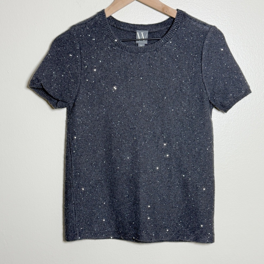Worthington Womens Grey Sequin Short Sleeve Knit Sweater Top XS Sparkle Office